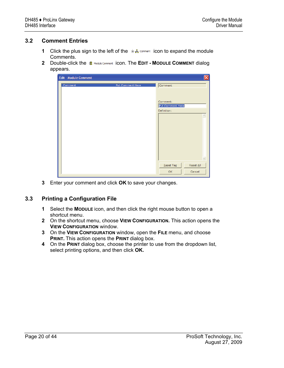 Comment entries, Printing a configuration file | ProSoft Technology 5201-DFNT-DH485 User Manual | Page 20 / 44