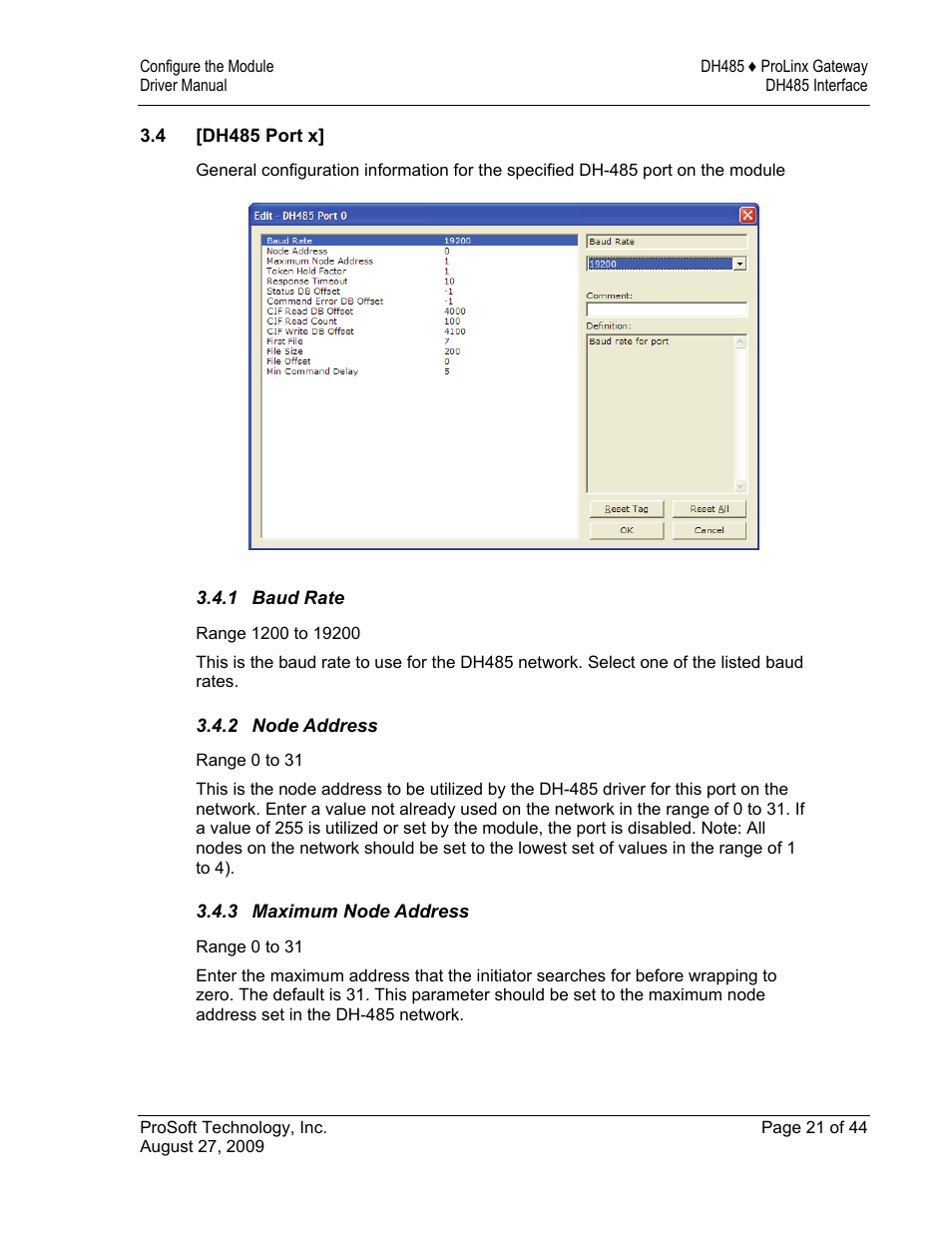 Dh485 port x, Baud rate, Node address | Maximum node address | ProSoft Technology 5201-DFNT-DH485 User Manual | Page 21 / 44