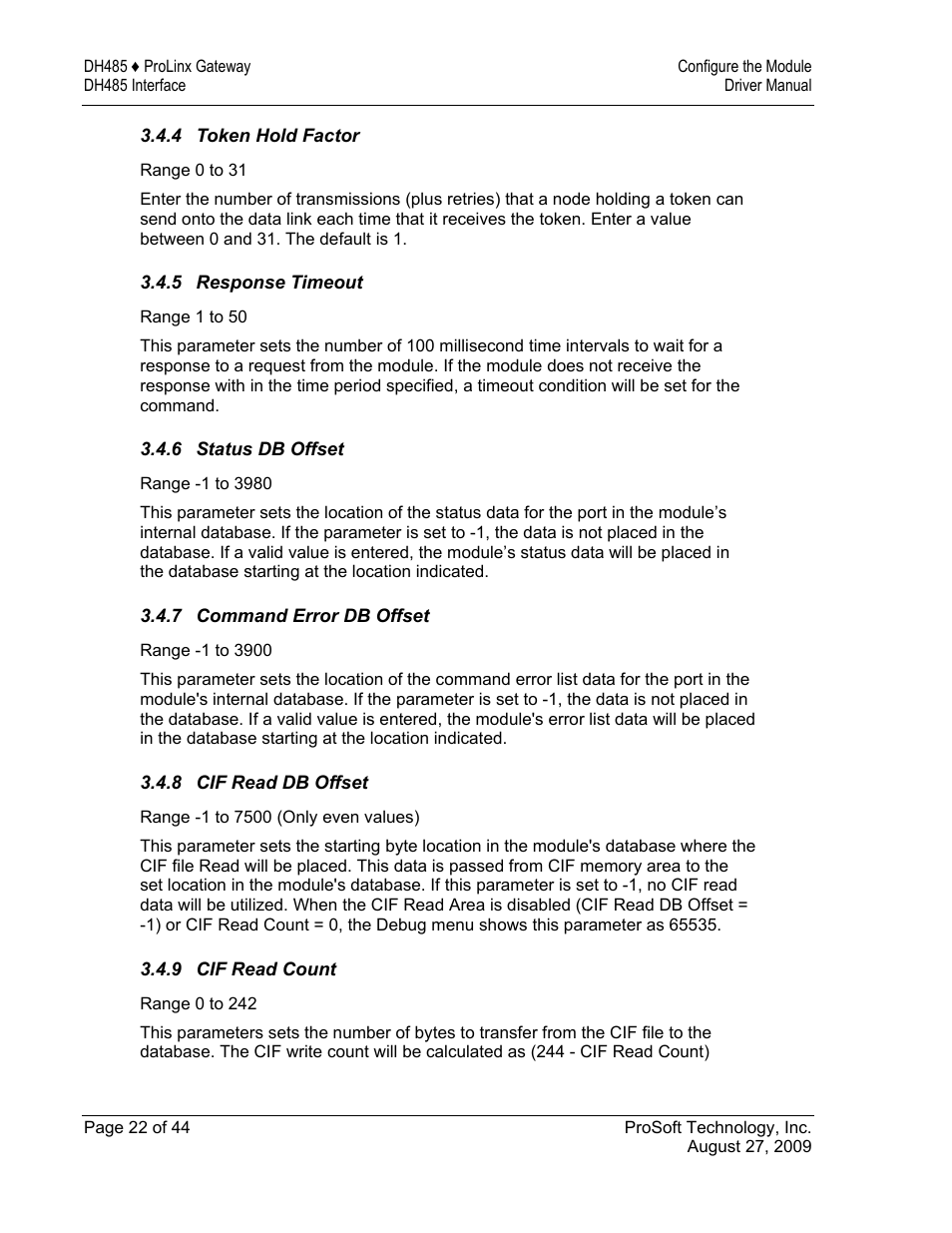 Token hold factor, Response timeout, Status db offset | Command error db offset, Cif read db offset, Cif read count | ProSoft Technology 5201-DFNT-DH485 User Manual | Page 22 / 44