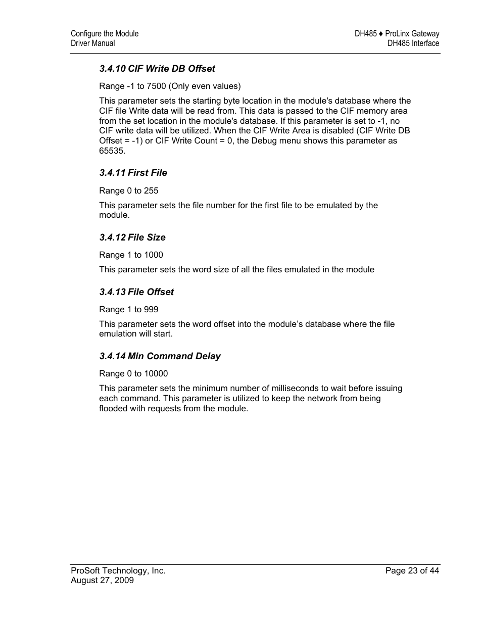 Cif write db offset, First file, File size | File offset, Min command delay | ProSoft Technology 5201-DFNT-DH485 User Manual | Page 23 / 44