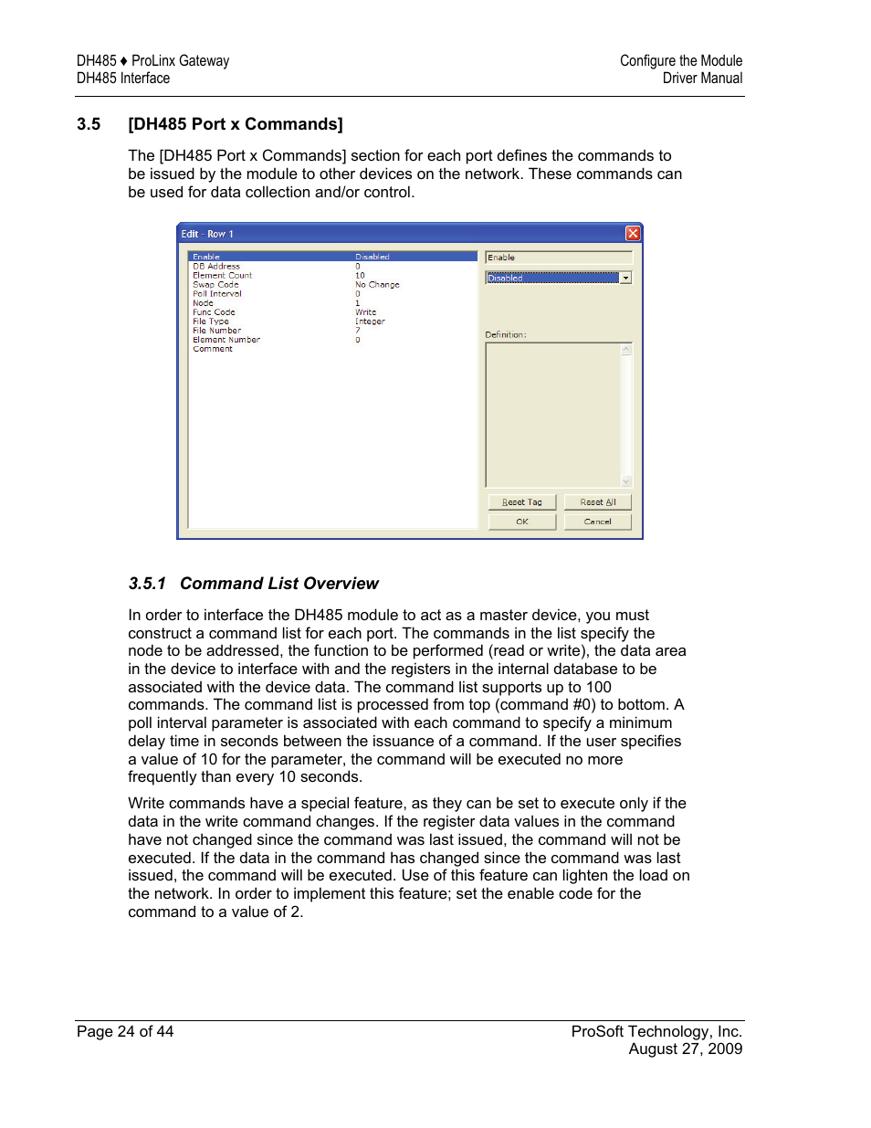 Dh485 port x commands, Command list overview | ProSoft Technology 5201-DFNT-DH485 User Manual | Page 24 / 44