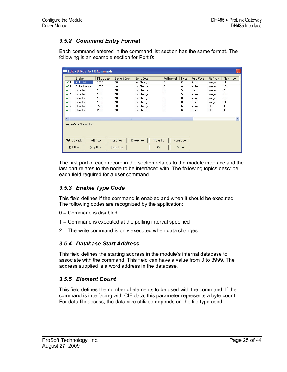 Command entry format, Enable type code, Database start address | Element count | ProSoft Technology 5201-DFNT-DH485 User Manual | Page 25 / 44