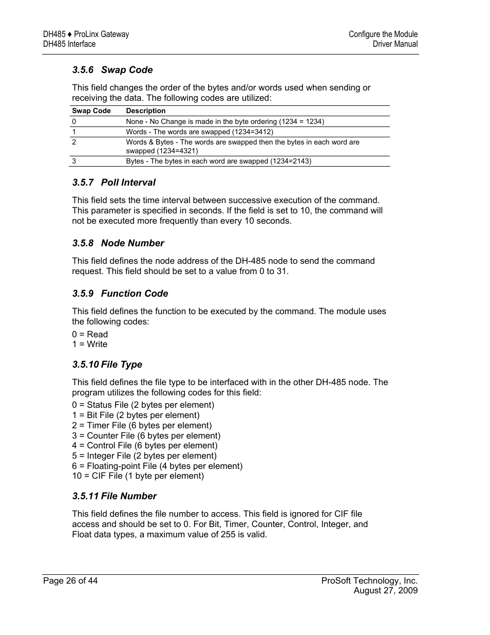 Swap code, Poll interval, Node number | Function code, File type, File number | ProSoft Technology 5201-DFNT-DH485 User Manual | Page 26 / 44