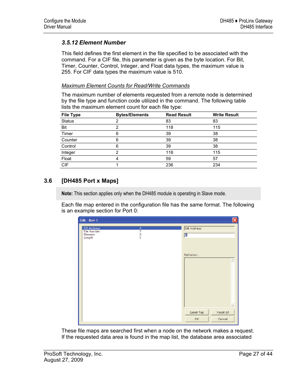 Element number, Maximum element counts for read/write commands, Dh485 port x maps | ProSoft Technology 5201-DFNT-DH485 User Manual | Page 27 / 44