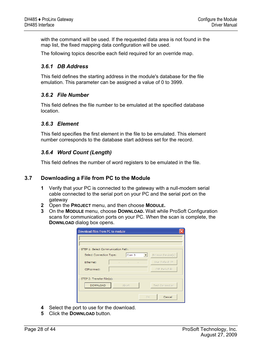 Db address, File number, Element | Word count (length), Downloading a file from pc to the module | ProSoft Technology 5201-DFNT-DH485 User Manual | Page 28 / 44