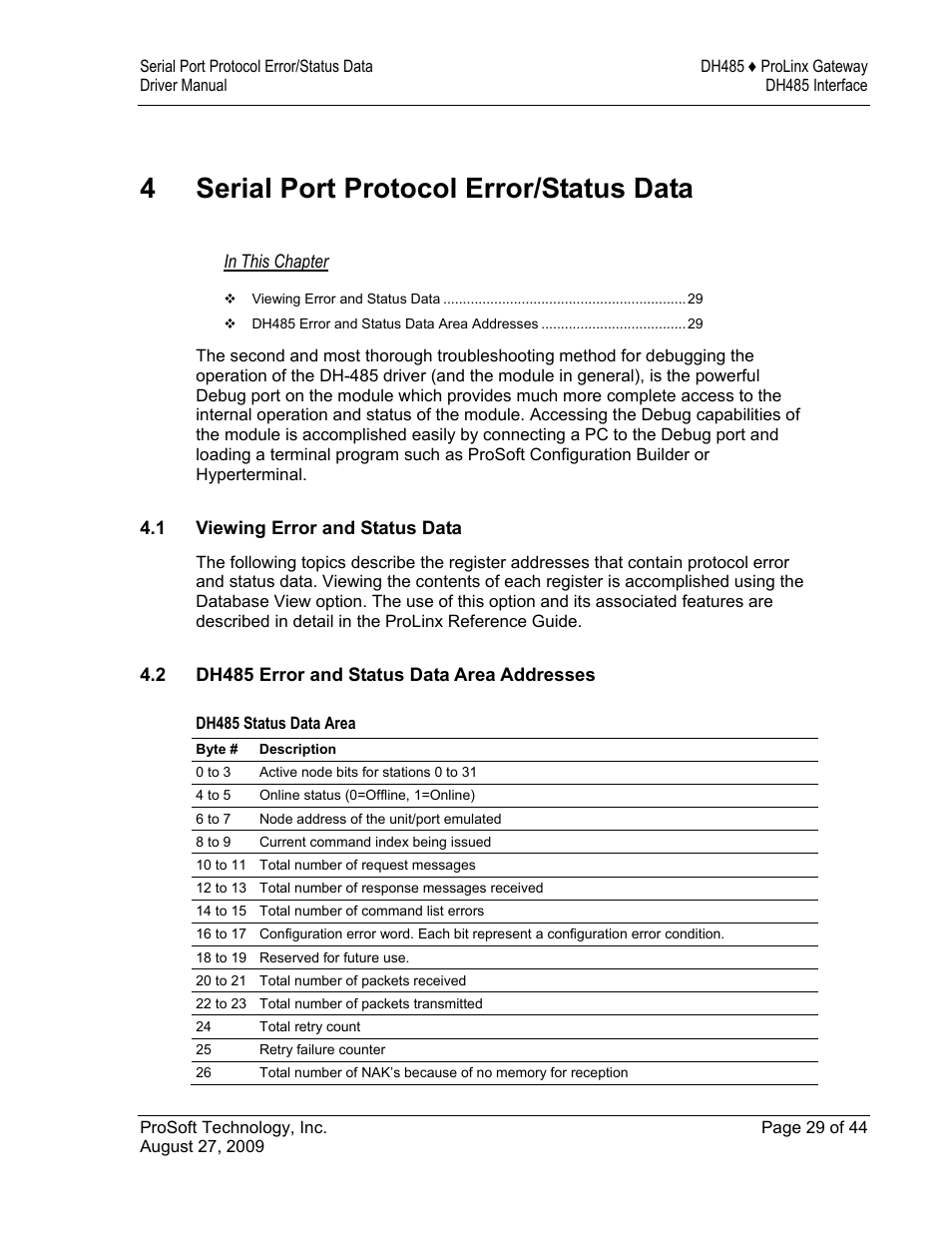 Serial port protocol error/status data, Viewing error and status data, Dh485 error and status data area addresses | 4serial port protocol error/status data | ProSoft Technology 5201-DFNT-DH485 User Manual | Page 29 / 44