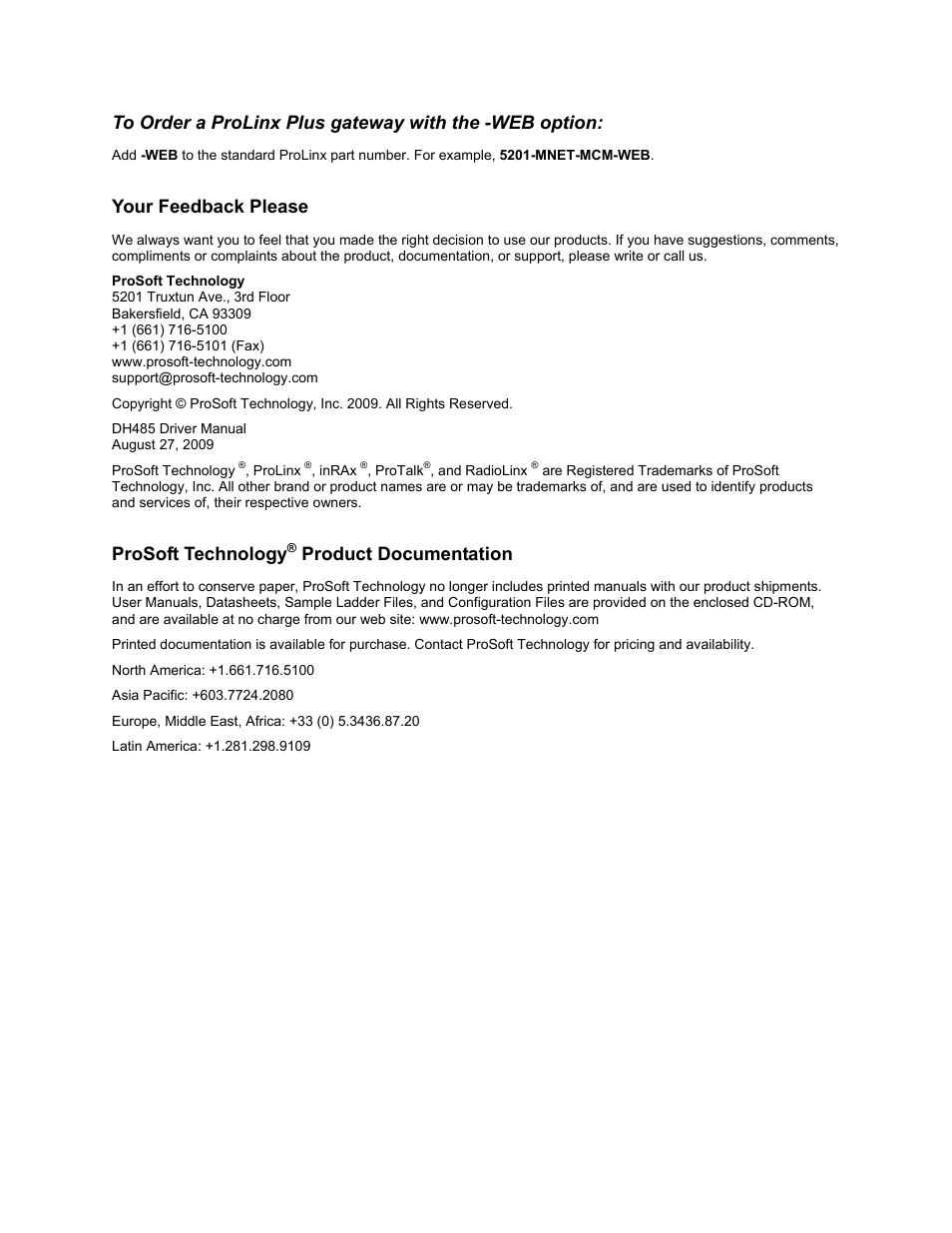 Your feedback please, Prosoft technology, Product documentation | ProSoft Technology 5201-DFNT-DH485 User Manual | Page 3 / 44