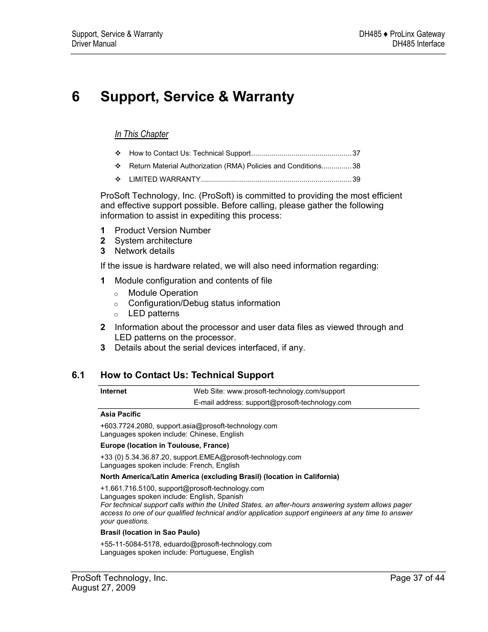 Support, service & warranty, How to contact us: technical support, 6support, service & warranty | ProSoft Technology 5201-DFNT-DH485 User Manual | Page 37 / 44