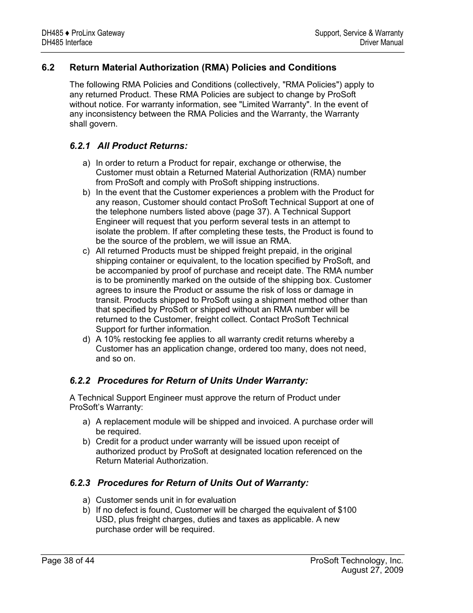 All product returns, Procedures for return of units under warranty, Procedures for return of units out of warranty | ProSoft Technology 5201-DFNT-DH485 User Manual | Page 38 / 44