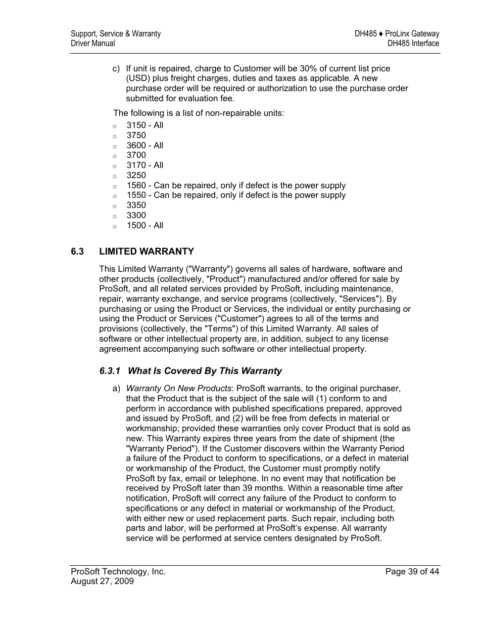 Limited warranty, What is covered by this warranty | ProSoft Technology 5201-DFNT-DH485 User Manual | Page 39 / 44