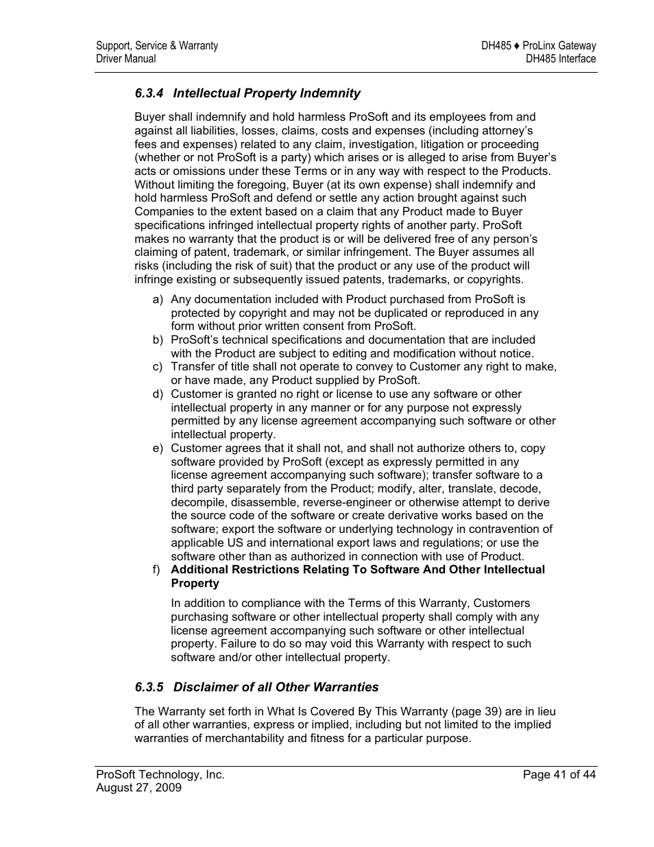 Intellectual property indemnity, Disclaimer of all other warranties | ProSoft Technology 5201-DFNT-DH485 User Manual | Page 41 / 44