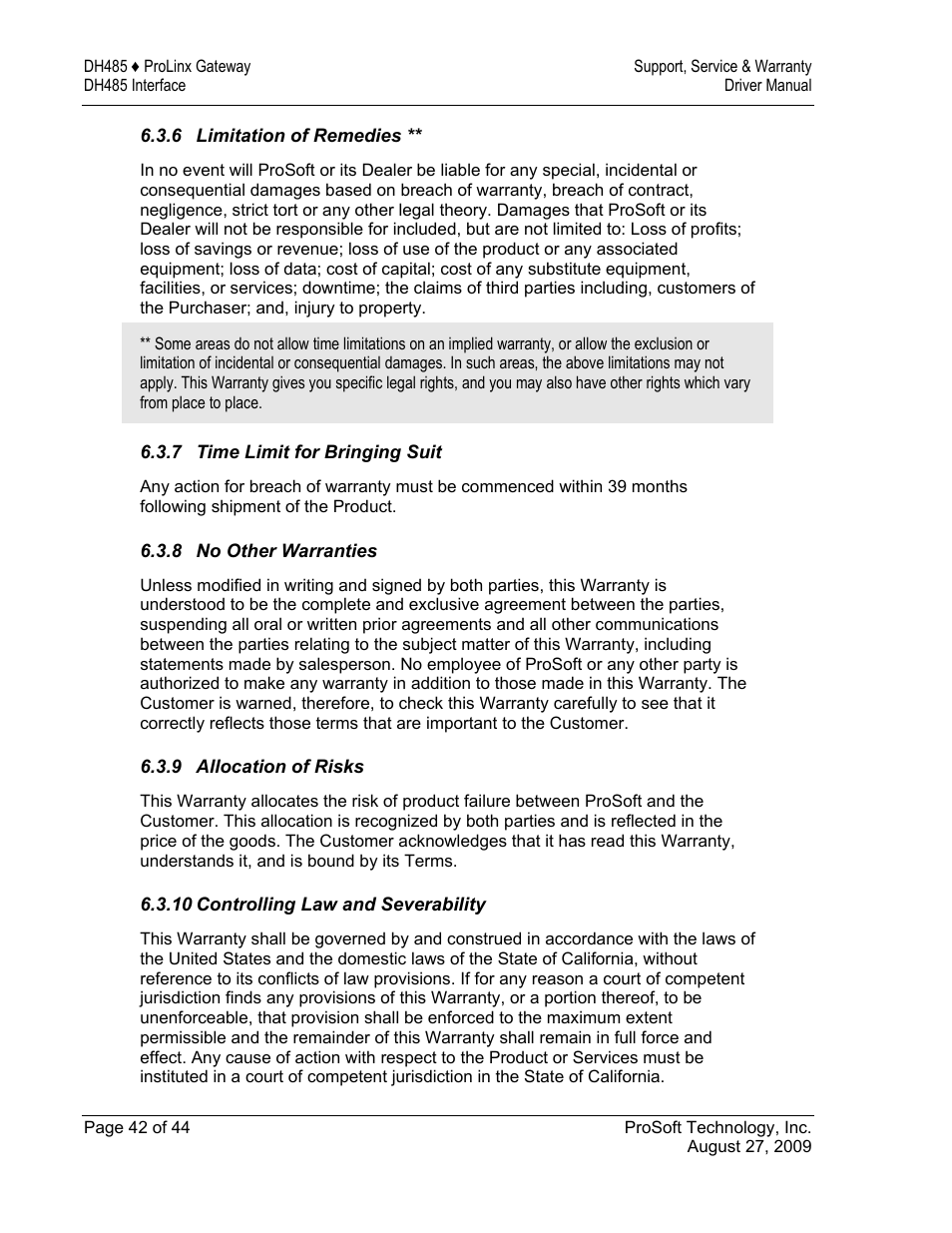 Limitation of remedies, Time limit for bringing suit, No other warranties | Allocation of risks, Controlling law and severability | ProSoft Technology 5201-DFNT-DH485 User Manual | Page 42 / 44