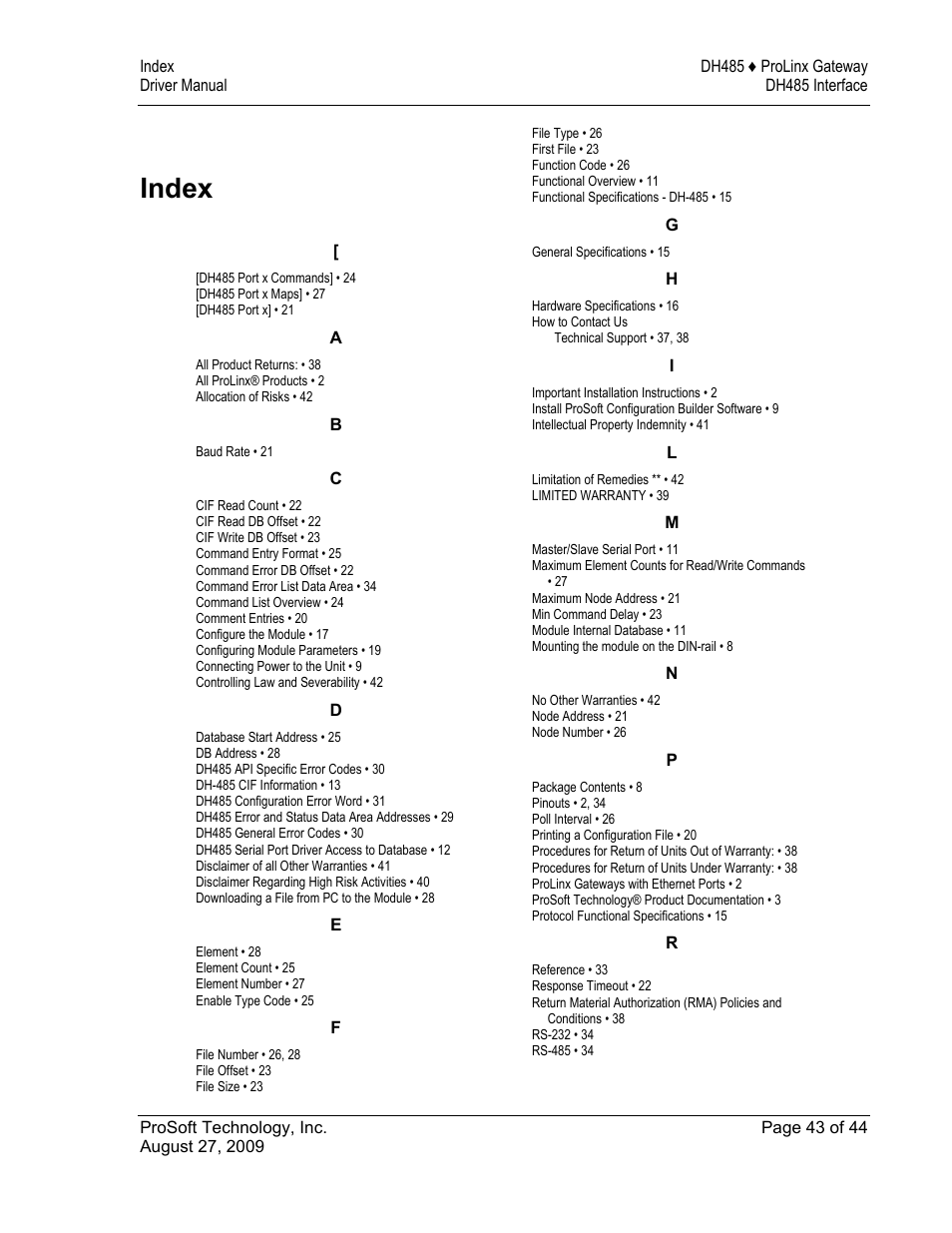 Index | ProSoft Technology 5201-DFNT-DH485 User Manual | Page 43 / 44