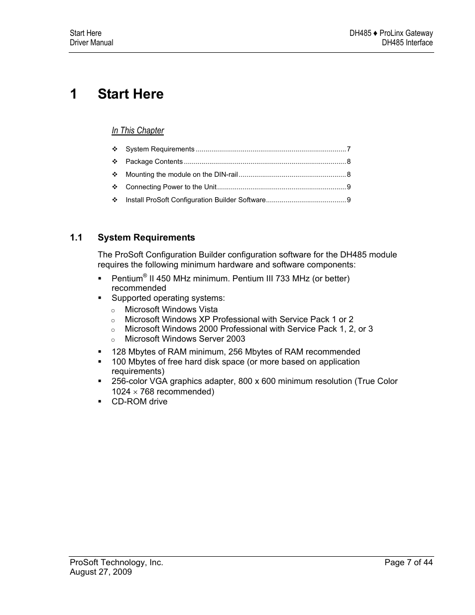 Start here, System requirements, 1 start here | ProSoft Technology 5201-DFNT-DH485 User Manual | Page 7 / 44