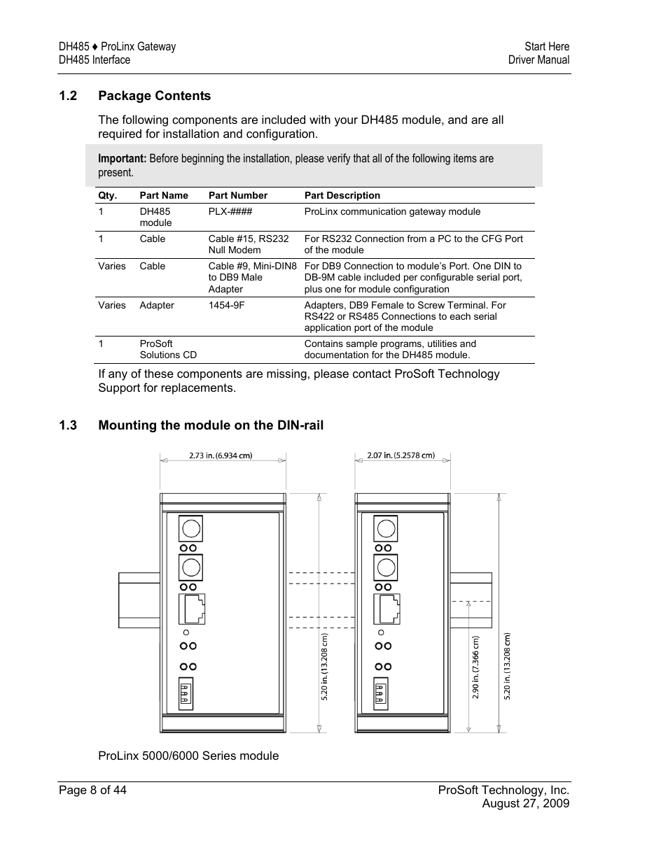 Package contents, Mounting the module on the din-rail | ProSoft Technology 5201-DFNT-DH485 User Manual | Page 8 / 44