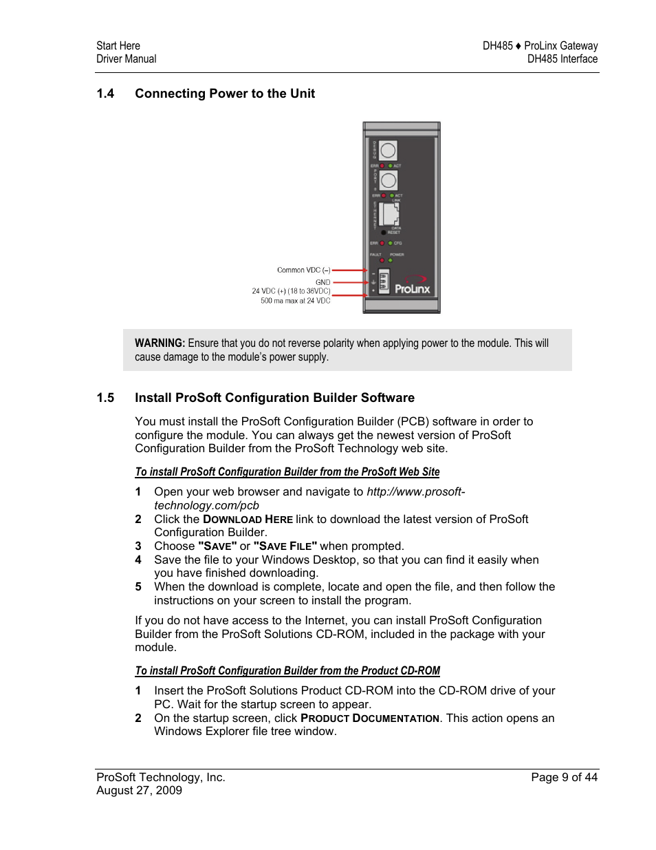 Connecting power to the unit, Install prosoft configuration builder software | ProSoft Technology 5201-DFNT-DH485 User Manual | Page 9 / 44