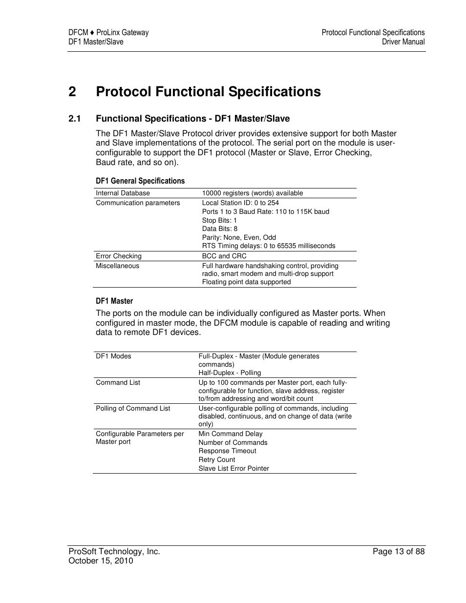 2protocol functional specifications | ProSoft Technology 5202-DFNT-DFCM4 User Manual | Page 13 / 88