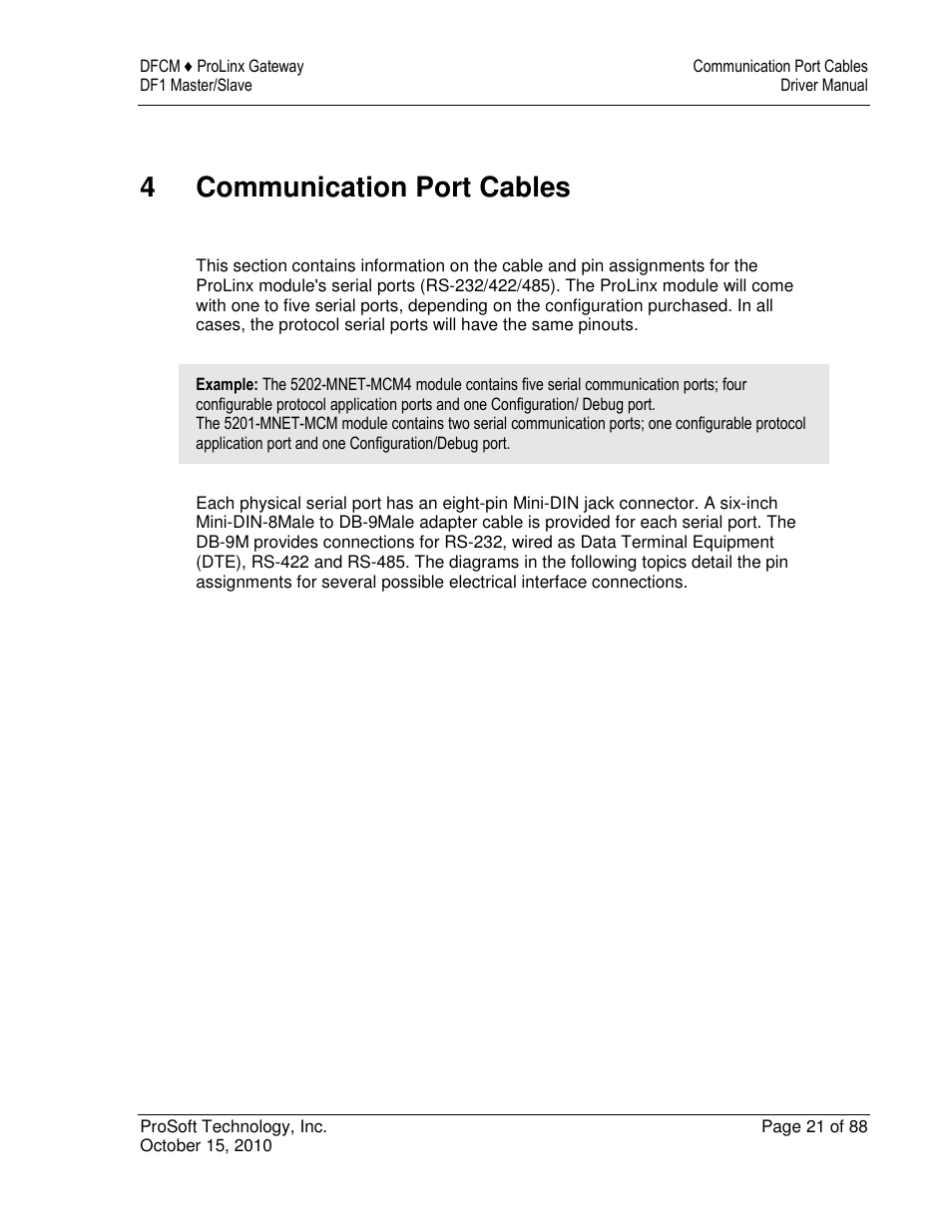 4communication port cables | ProSoft Technology 5202-DFNT-DFCM4 User Manual | Page 21 / 88