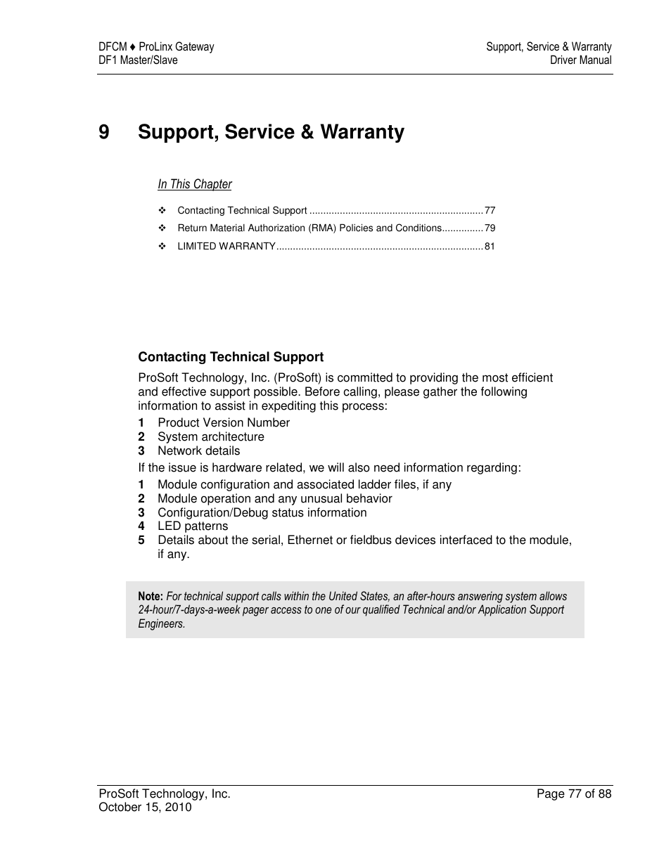 9support, service & warranty | ProSoft Technology 5202-DFNT-DFCM4 User Manual | Page 77 / 88