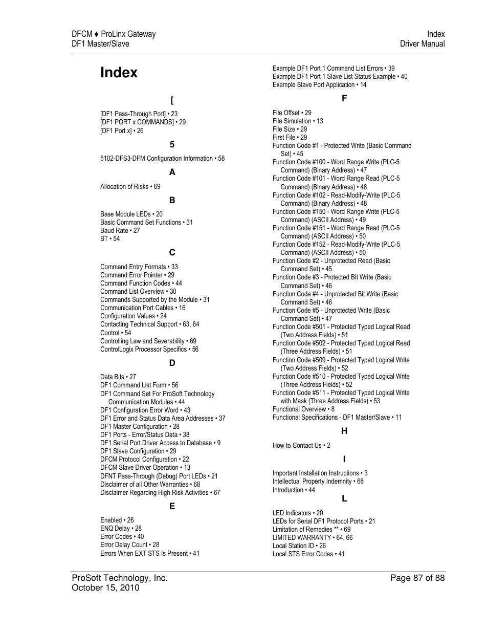 Index | ProSoft Technology 5202-DFNT-DFCM4 User Manual | Page 87 / 88