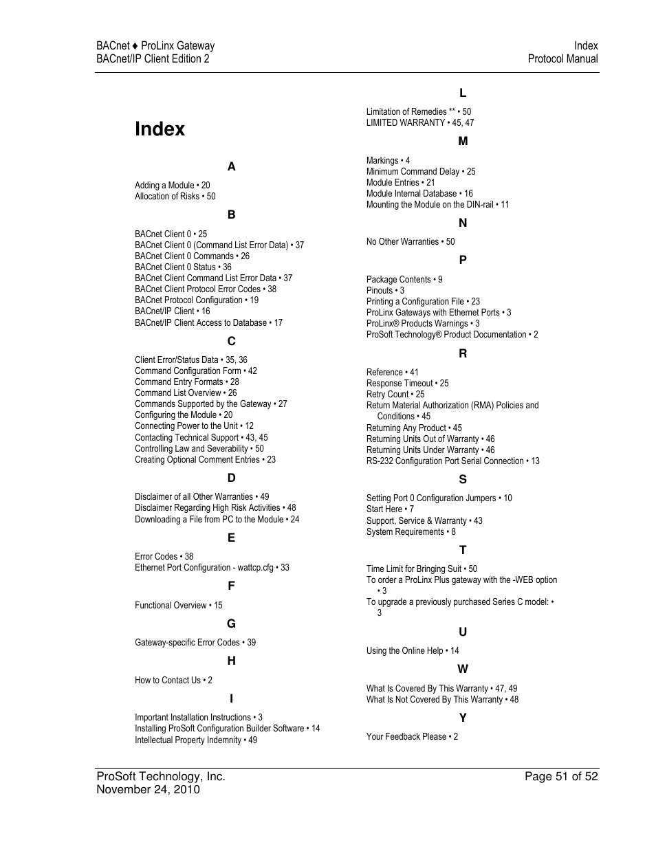 Index | ProSoft Technology 5201-DFNT-BACNET User Manual | Page 51 / 52