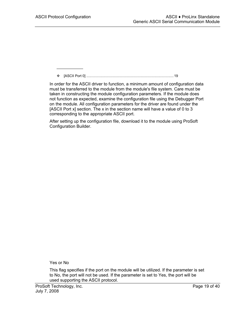 Ascii protocol configuration, Ascii port 0, Enabled | 4ascii protocol configuration | ProSoft Technology 5201-DFNT-ASCII User Manual | Page 19 / 40