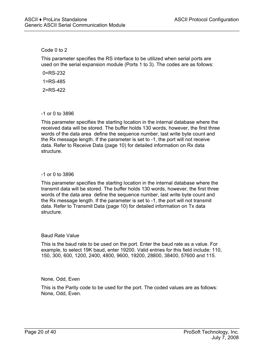 Rs interface, Rx db start, Tx db start | Baud rate, Parity | ProSoft Technology 5201-DFNT-ASCII User Manual | Page 20 / 40