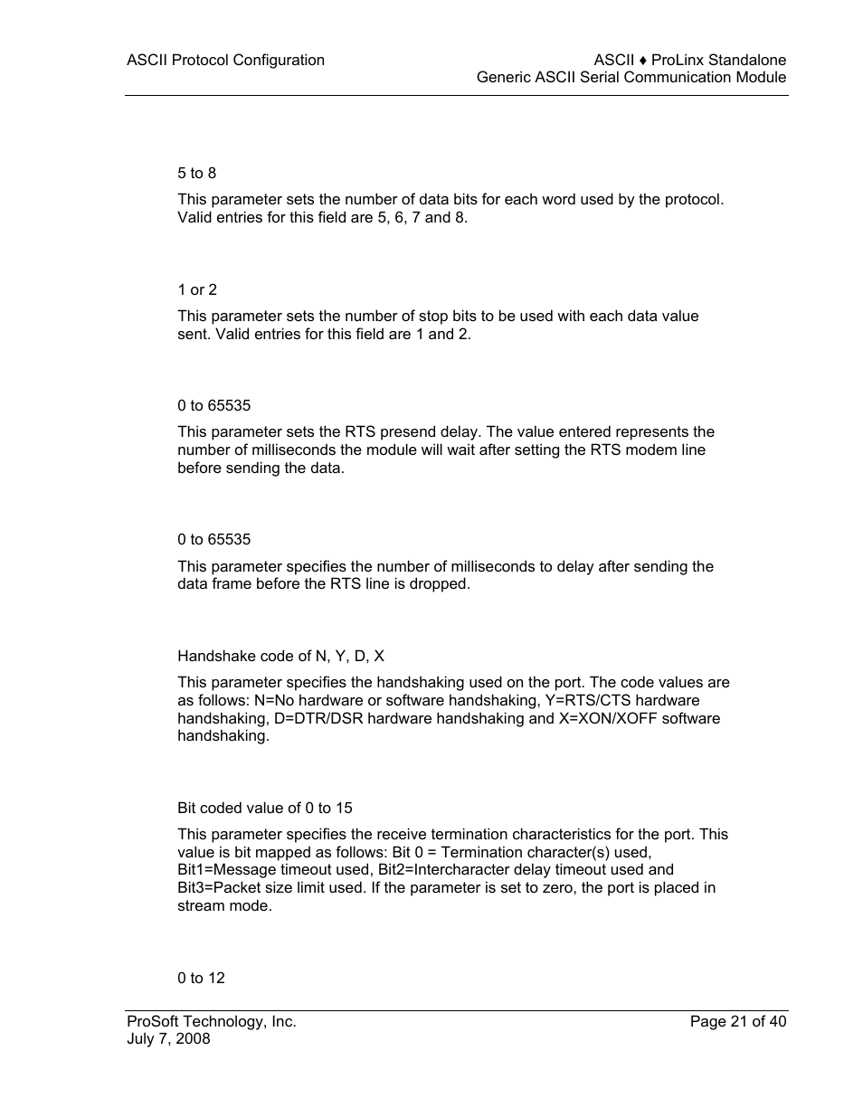 Data bits, Stop bits, Rts on | Rts off, Handshaking, Rx termination type, Rx term count | ProSoft Technology 5201-DFNT-ASCII User Manual | Page 21 / 40