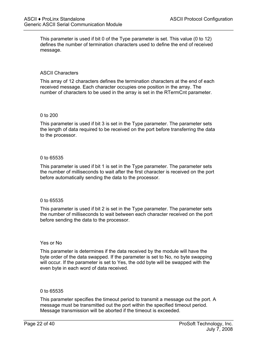 Rx term chars, Rx packet length, Rx timeout | Rx delay, Swap rx data bytes, Tx timeout | ProSoft Technology 5201-DFNT-ASCII User Manual | Page 22 / 40