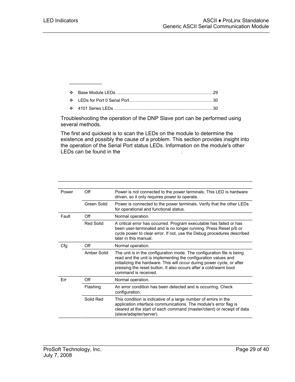 Led indicators, Base module leds, 6 led indicators | ProSoft Technology 5201-DFNT-ASCII User Manual | Page 29 / 40