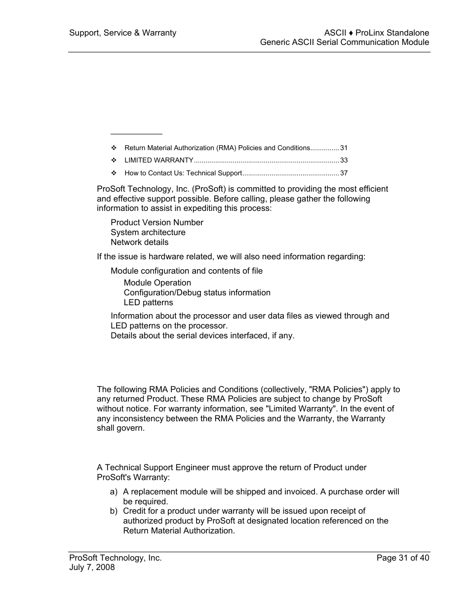 Support, service & warranty, Procedures for return of units under warranty, 7support, service & warranty | ProSoft Technology 5201-DFNT-ASCII User Manual | Page 31 / 40