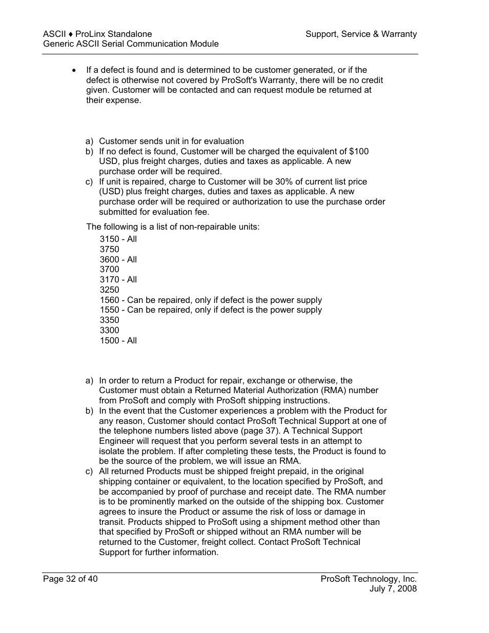Procedures for return of units out of warranty, All product returns | ProSoft Technology 5201-DFNT-ASCII User Manual | Page 32 / 40