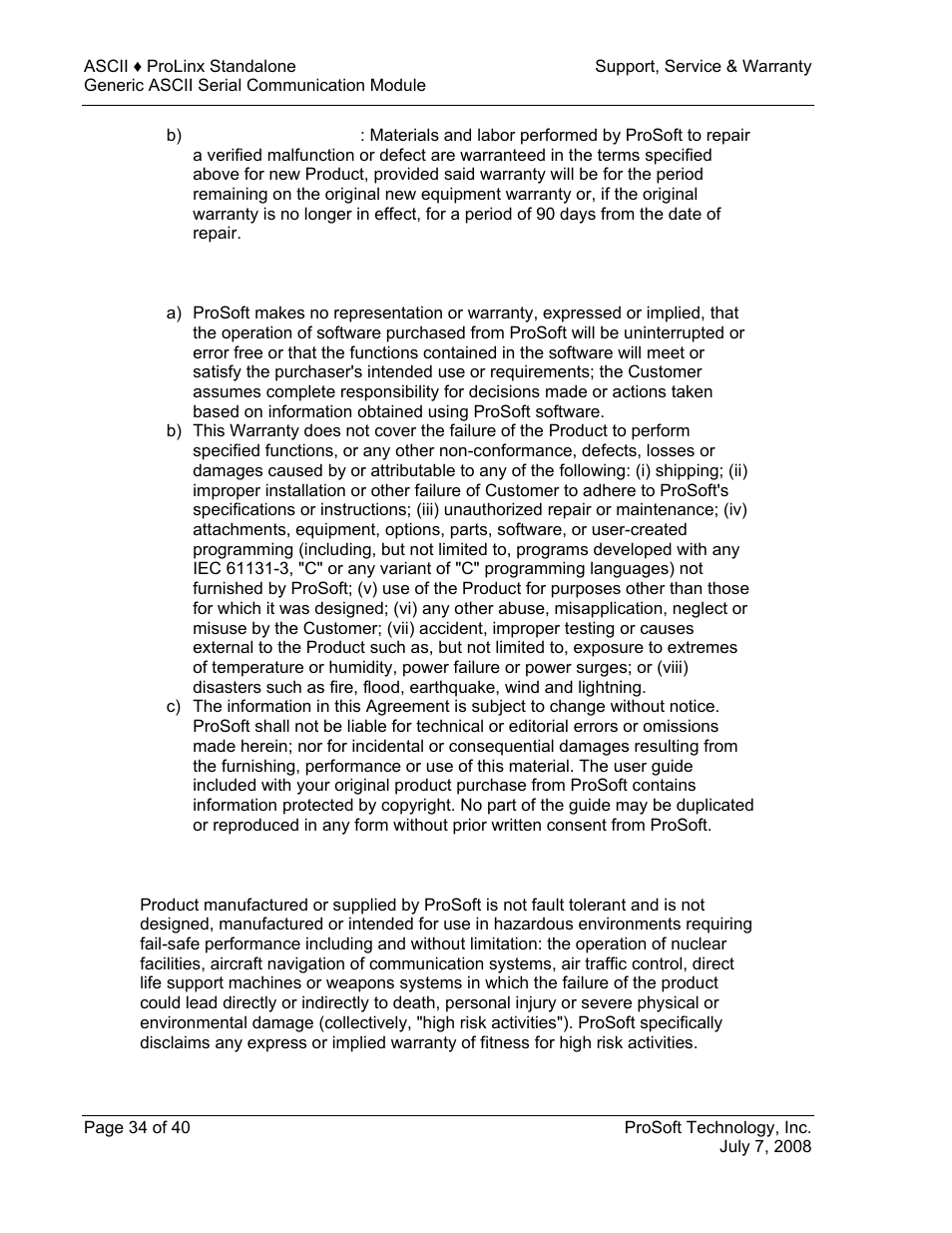 What is not covered by this warranty, Disclaimer regarding high risk activities | ProSoft Technology 5201-DFNT-ASCII User Manual | Page 34 / 40