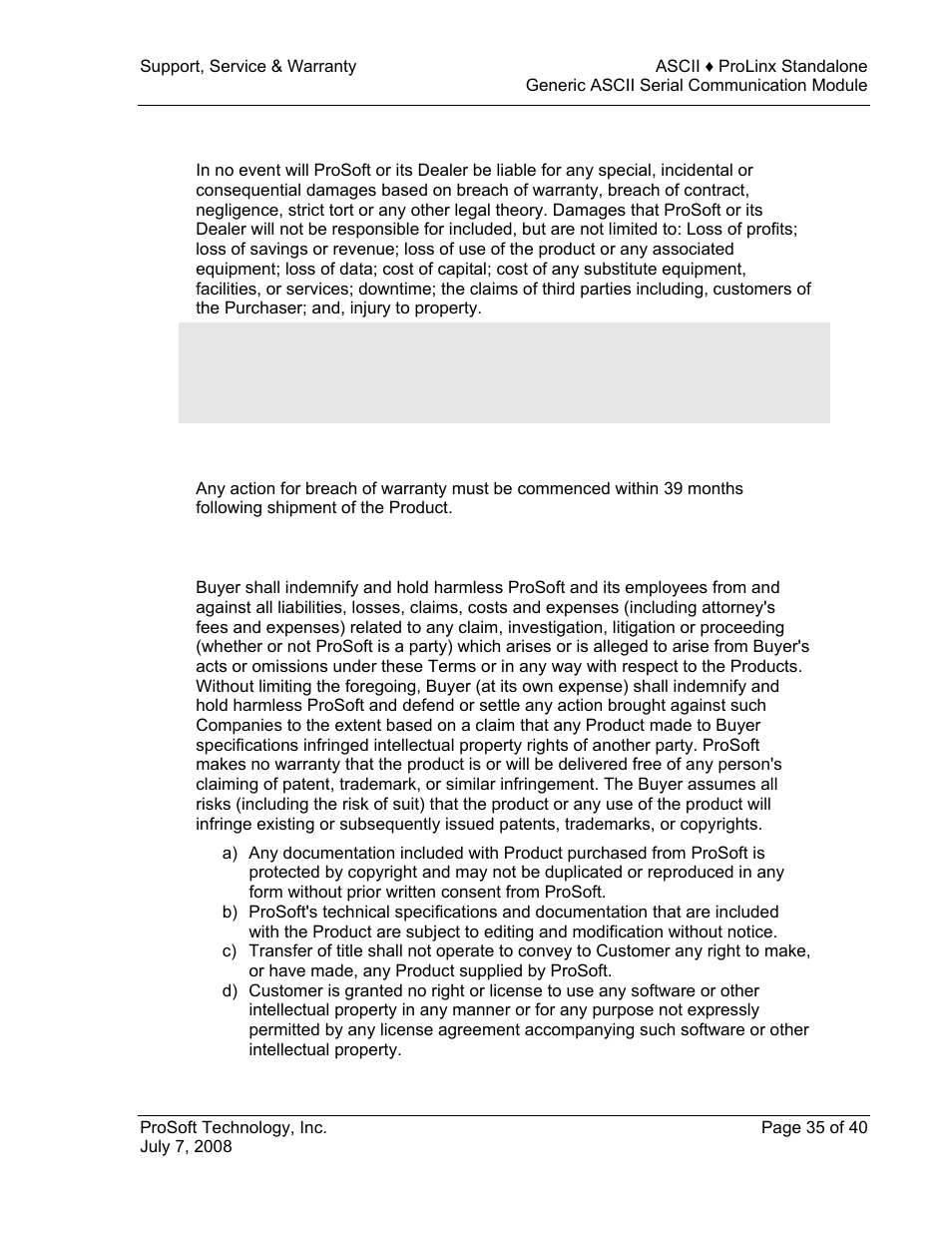 Limitation of remedies, Time limit for bringing suit, Intellectual property indemnity | ProSoft Technology 5201-DFNT-ASCII User Manual | Page 35 / 40