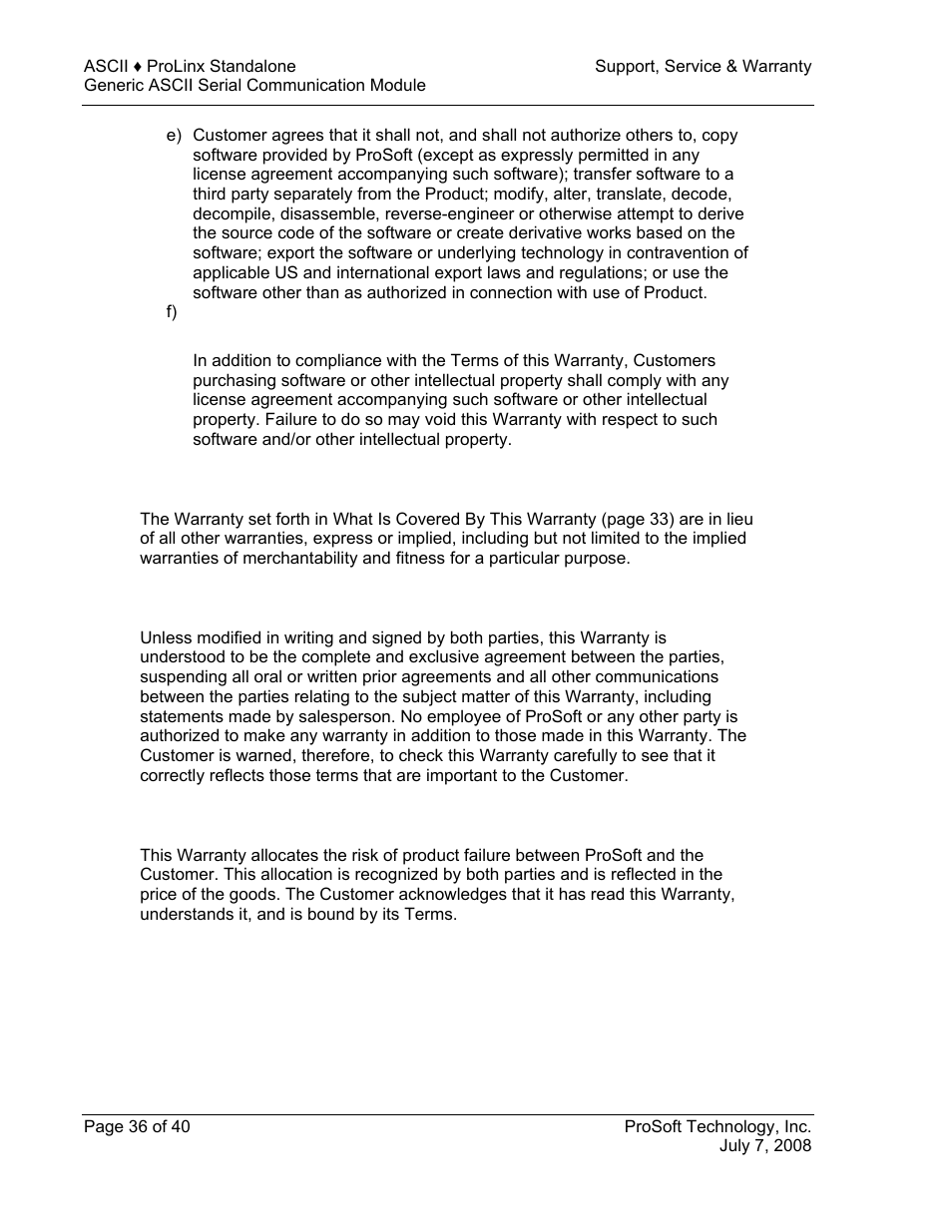 Disclaimer of all other warranties, No other warranties, Allocation of risks | ProSoft Technology 5201-DFNT-ASCII User Manual | Page 36 / 40