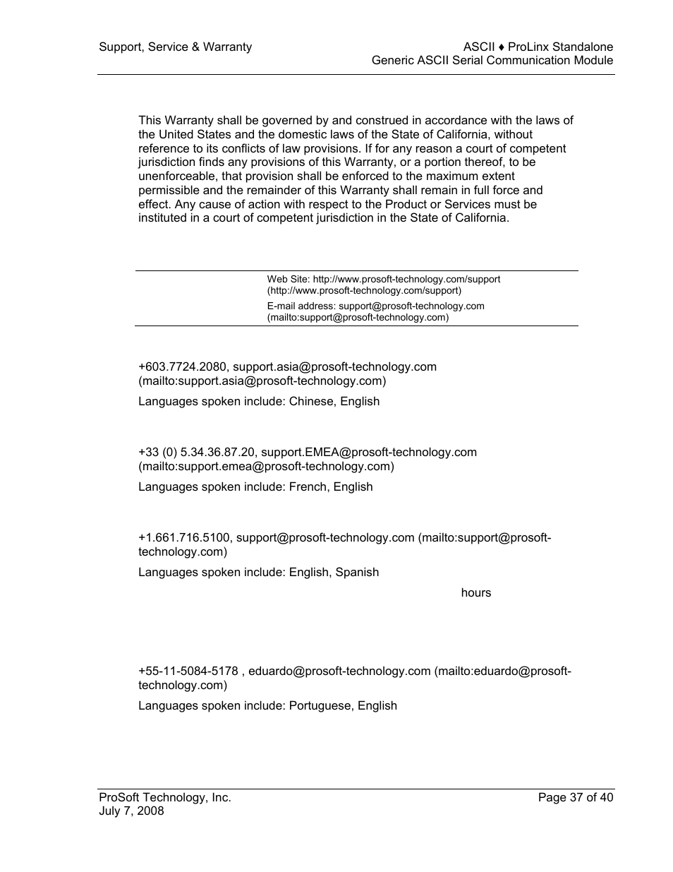 Controlling law and severability, How to contact us: technical support | ProSoft Technology 5201-DFNT-ASCII User Manual | Page 37 / 40