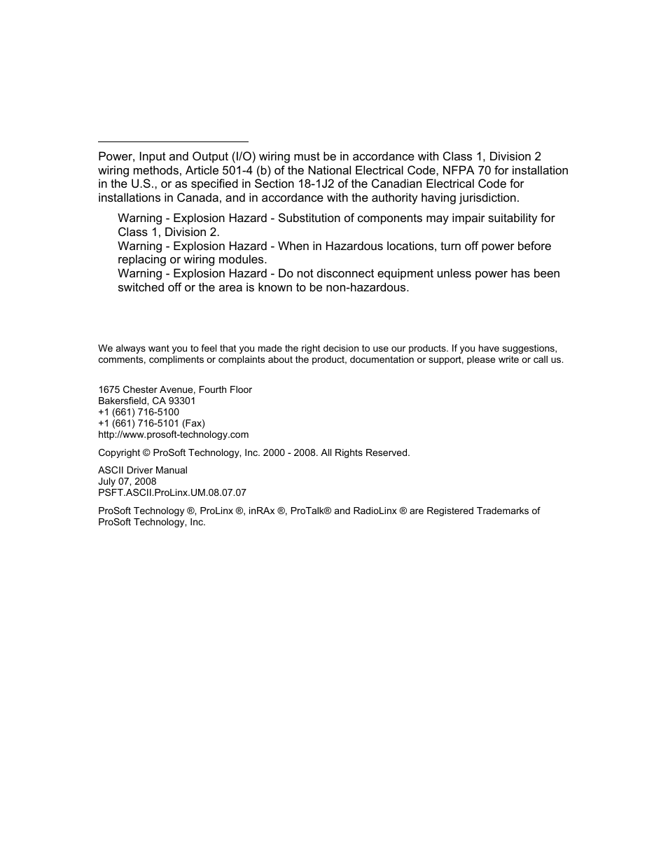 Product installation warning | ProSoft Technology 5201-DFNT-ASCII User Manual | Page 4 / 40