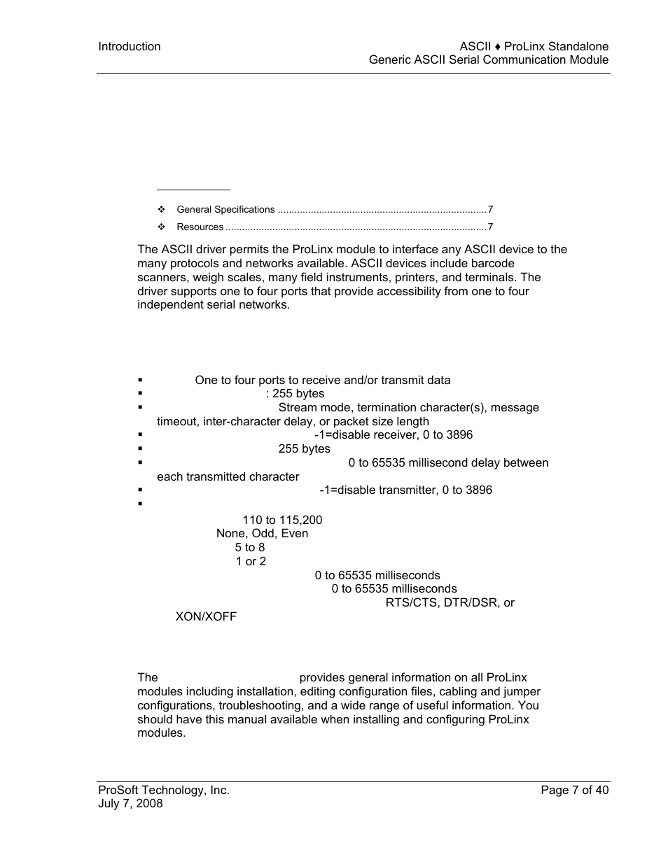 Introduction, General specifications, Resources | 1 introduction | ProSoft Technology 5201-DFNT-ASCII User Manual | Page 7 / 40