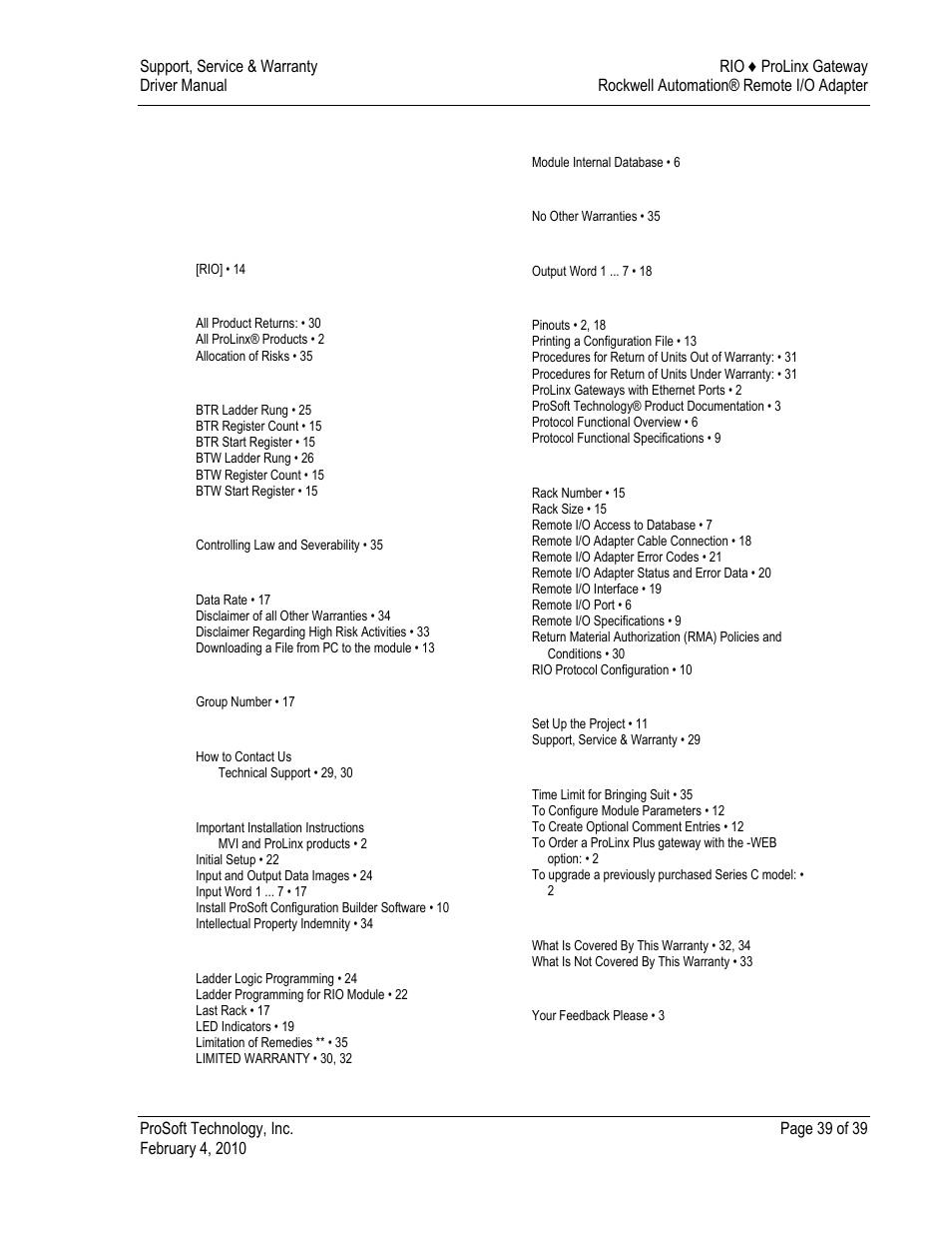 Index | ProSoft Technology 5210-DFNT-RIO User Manual | Page 39 / 39