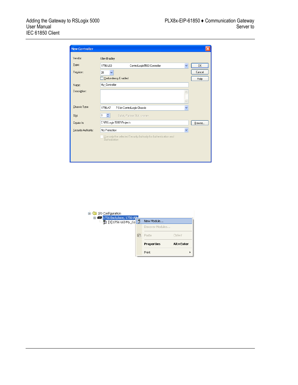 Add the communications module, Add the communications modules and connection | ProSoft Technology PLX81-EIP-61850 User Manual | Page 44 / 167