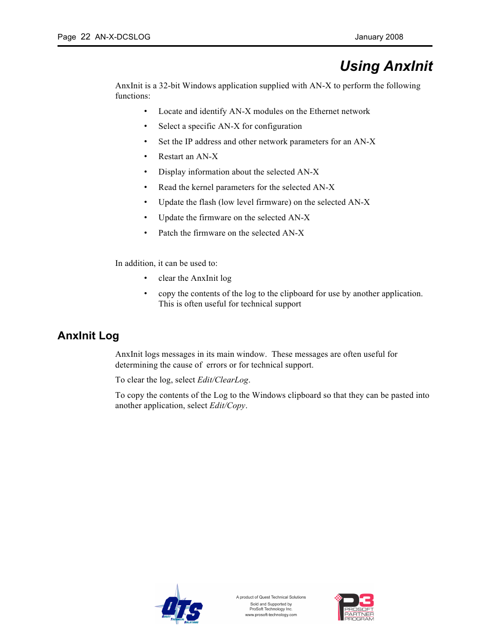 Using anxinit, Anxinit log | ProSoft Technology AN-X-AMX User Manual | Page 26 / 44
