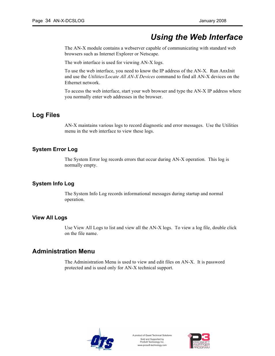 Using the web interface, Log files, Administration menu | ProSoft Technology AN-X-AMX User Manual | Page 38 / 44