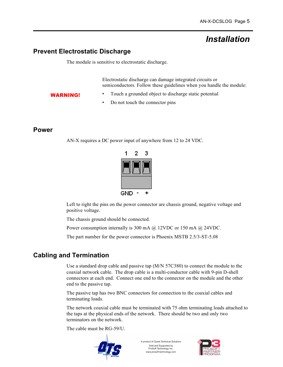 Installation, Prevent electrostatic discharge, Power | Cabling and termination | ProSoft Technology AN-X-AMX User Manual | Page 9 / 44