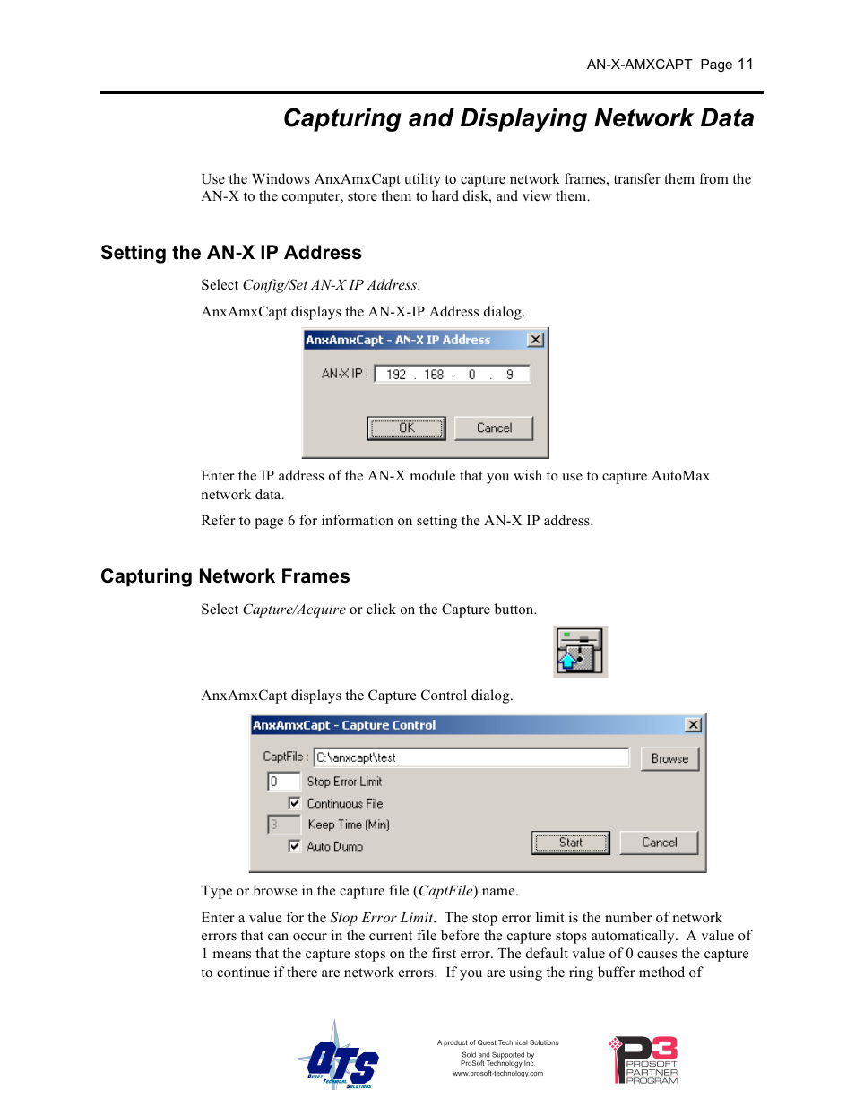 Capturing and displaying network data, Setting the an-x ip address, Capturing network frames | ProSoft Technology AN-X-AMX User Manual | Page 15 / 50