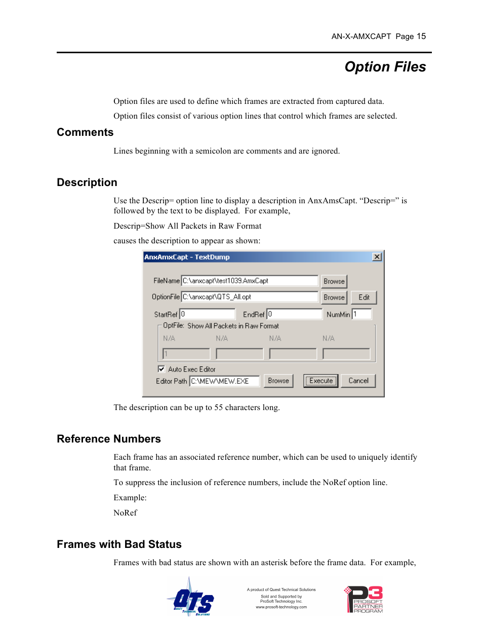 Option files, Comments, Description | Reference numbers, Frames with bad status | ProSoft Technology AN-X-AMX User Manual | Page 19 / 50