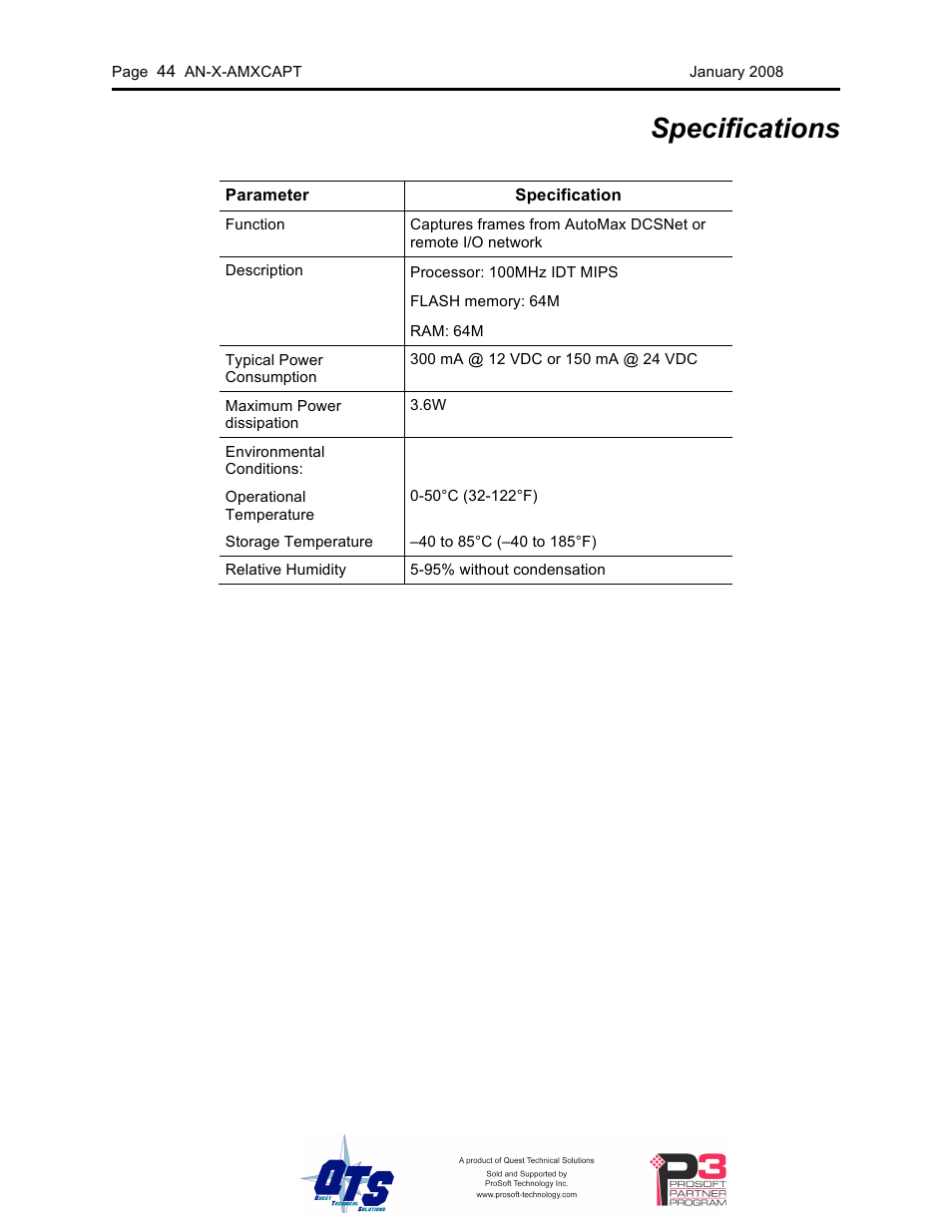 Specifications | ProSoft Technology AN-X-AMX User Manual | Page 48 / 50