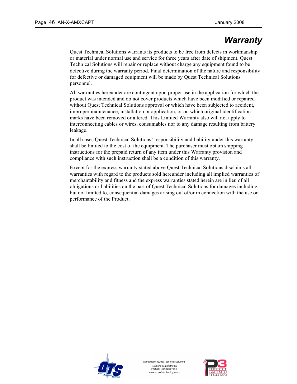 Warranty | ProSoft Technology AN-X-AMX User Manual | Page 50 / 50