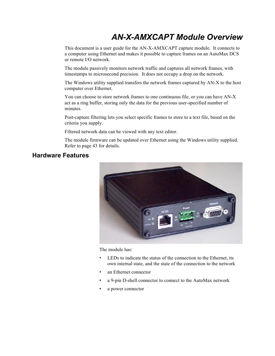 An-x-amxcapt module overview, Hardware features | ProSoft Technology AN-X-AMX User Manual | Page 6 / 50