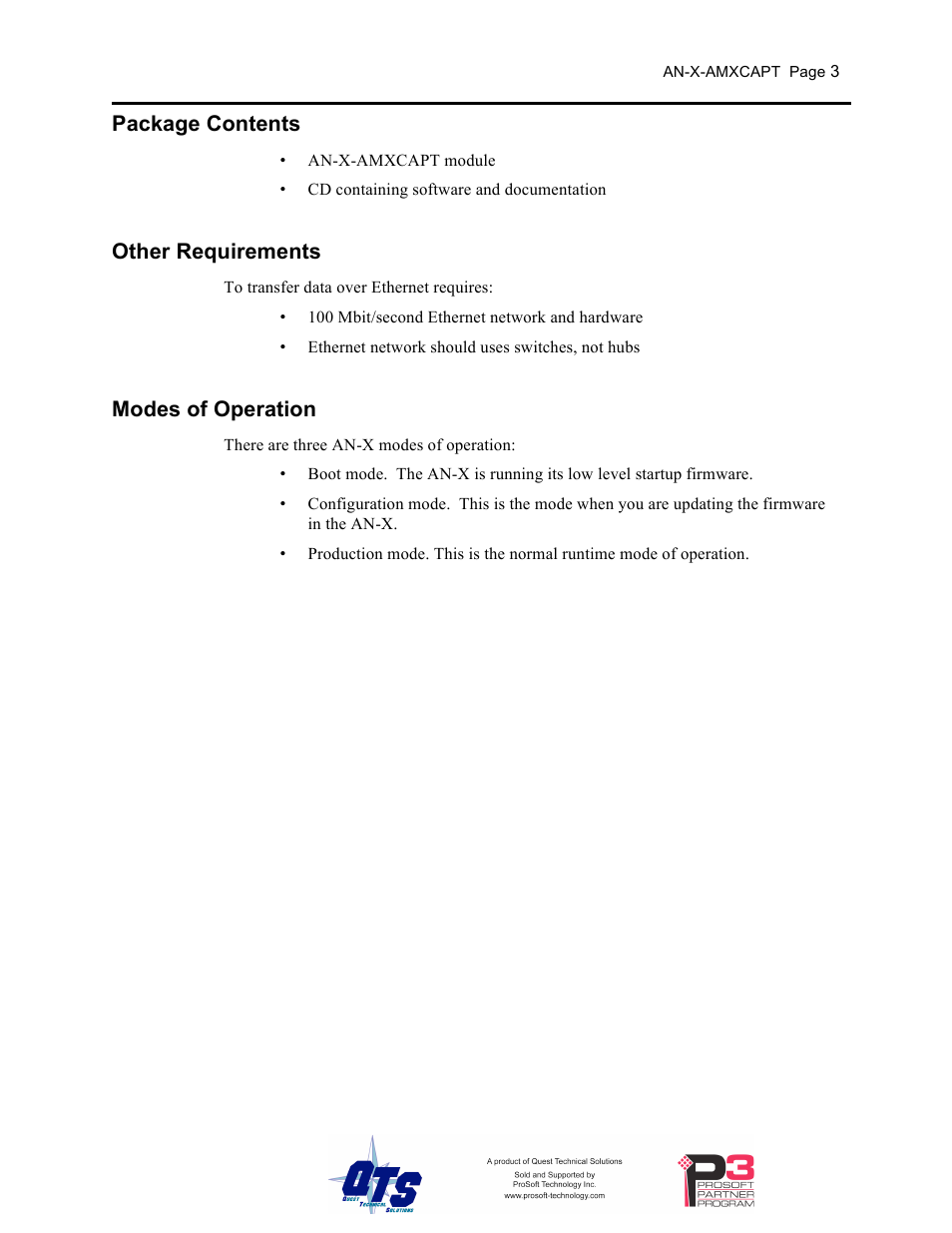 Package contents, Other requirements, Modes of operation | ProSoft Technology AN-X-AMX User Manual | Page 7 / 50