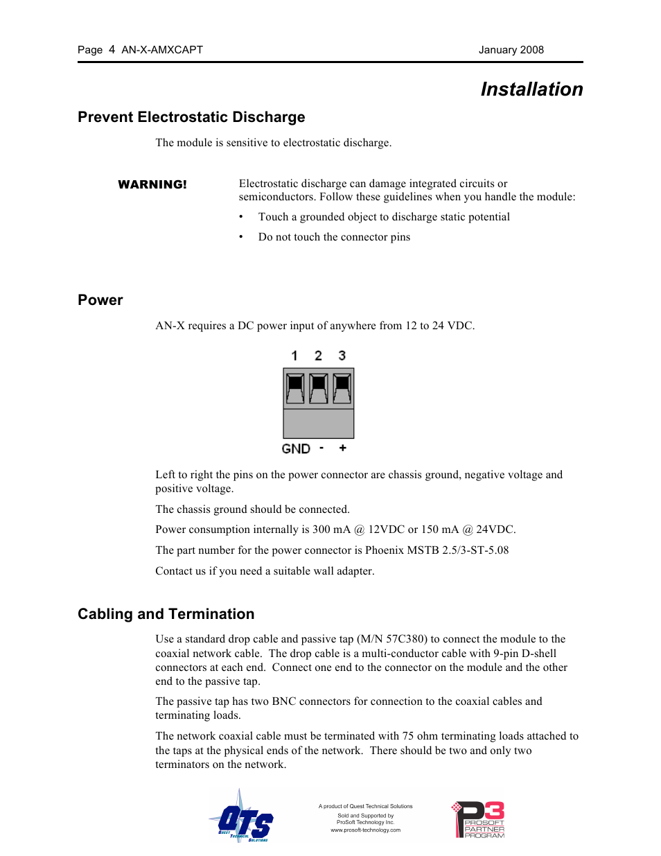 Installation, Prevent electrostatic discharge, Power | Cabling and termination | ProSoft Technology AN-X-AMX User Manual | Page 8 / 50